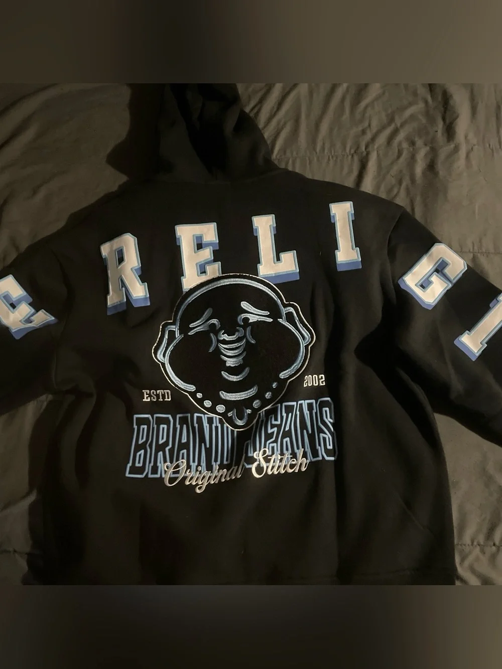 True Religion Black Zip-Up Hoodie with Light Blue & White TR Lettering